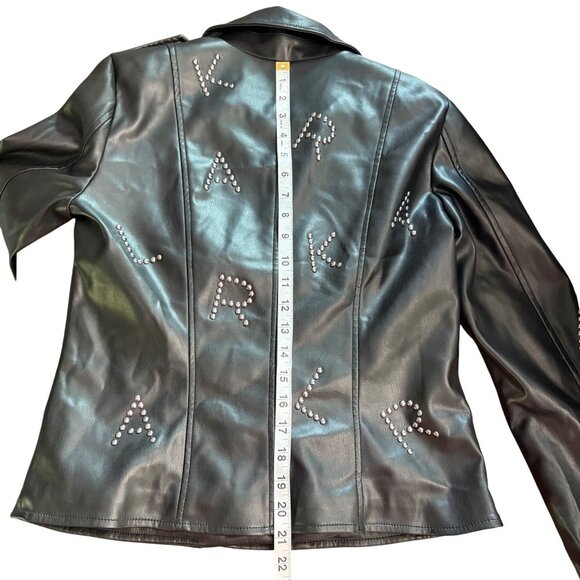 Karl Lagerfeld Paris Black Faux Leather Studded Moto Jacket Logo Detailing SizeS - Picture 16 of 16